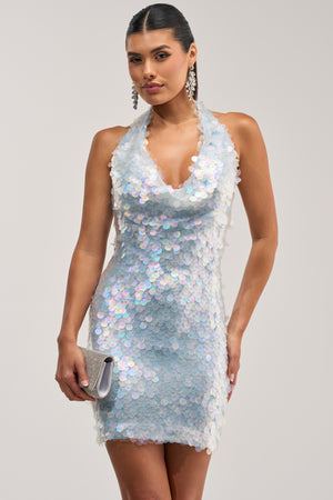 Women's Akira Blue Iridescent Sequin Mini Dress With Mesh Detail