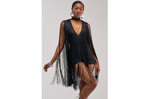 Women's Akira Black Sleeveless Bandage Romper With Fringe