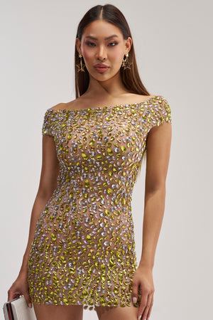 Women's Akira Green And Silver Rhinestone Mesh Mini Dress