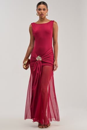 Women's Akira Red Sleeveless Maxi Sheath Dress With Boat Neckline