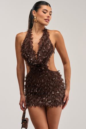 Women's Akira First Move Brown Sequin Embellished Halter Mini Dress