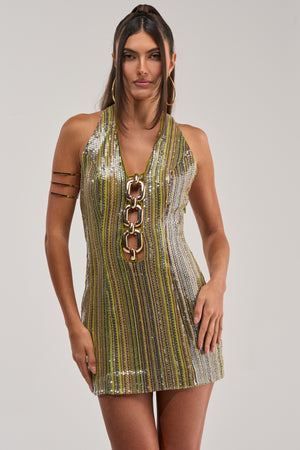 Women's Akira Spotlight Sequin Green And Purple Mini Dress With Halter Neckline