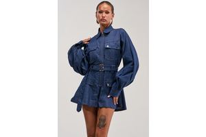 Women's Akira Cityscape Blue Belted Denim Romper