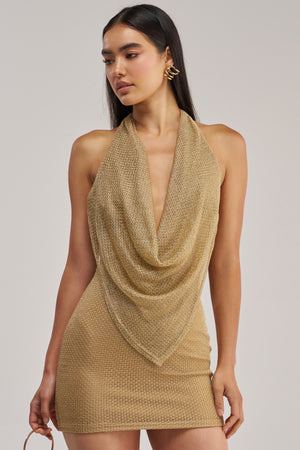 Women's Akira Gold Woven Halter Bodycon Mini Dress
