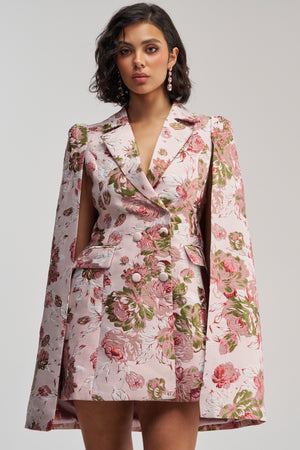 Women's Akira Imani Pink Floral Brocade Cape Sleeve Blazer Dress