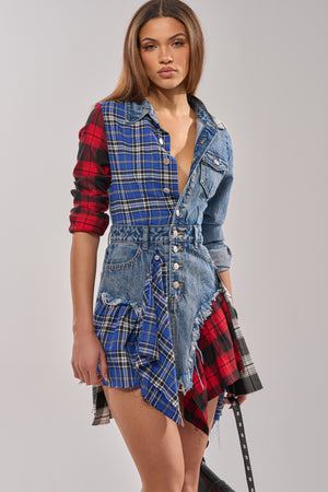 Women's Patchwork Plaid Denim Mini Dress