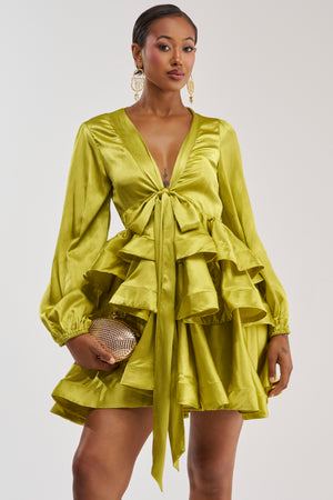 Women's Ariana Satin Ruffled Mini Dress In Green