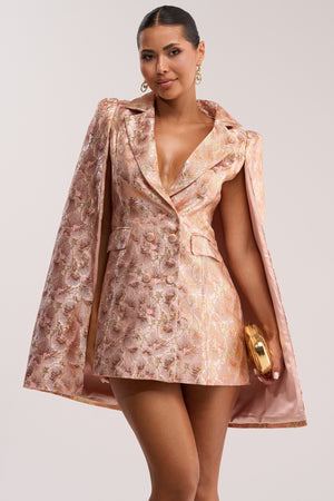 Women's Akira Imani Orange Floral Brocade Cape Sleeve Blazer Mini Dress