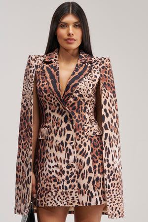 Women's Akira Aminah Brown And Black Leopard Print Satin Blazer Mini Dress