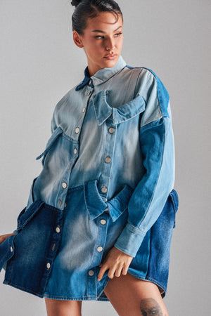 Women's Akira Blue Patchwork Denim Mini Shirtdress