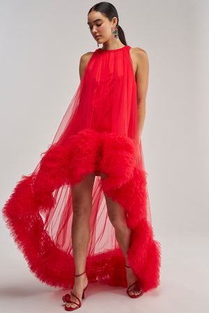 Women's Akira Red Tulle Ruffle Hi-Lo Mini Dress