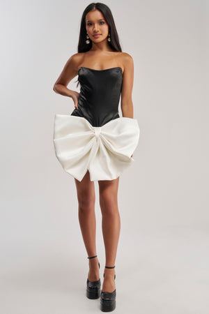 Women's Akira Sitting Pretty Bow Black And White Mini Dress In Satin