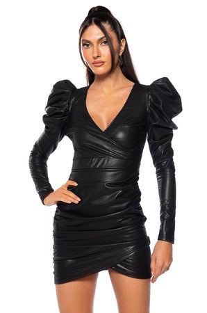 Women's Ready For It Long Sleeve Faux Leather Surplice Mini Dress