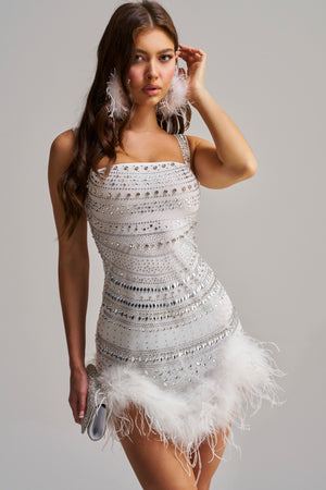Women's Akira Showstopper White And Silver Rhinestone Mesh Mini Dress