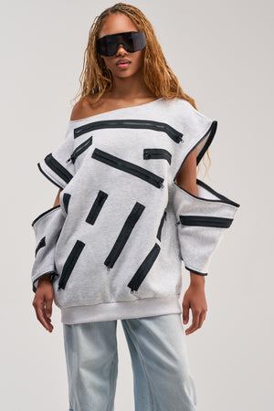 Women's Akira Zip Zap Gray Off The Shoulder Mini Sweatshirt Dress In Cotton Fleece