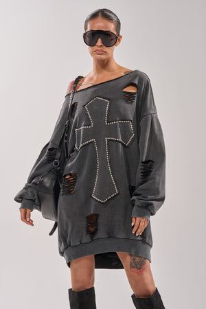 Women's Akira Gray Studded Mini Sweatshirt Dress With Off-The-Shoulder Neckline