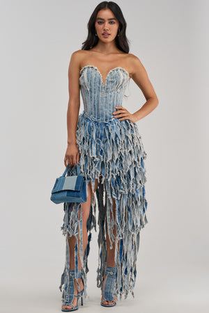 Women's Akira Blue Strapless Sweetheart Denim Hi-Lo Gown
