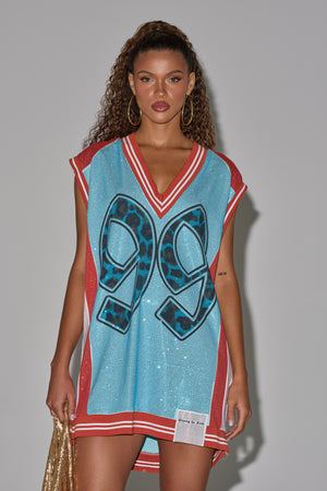 Women's Akira Ryan Blue And Red Colorblock Sleeveless Mini Jersey Dress