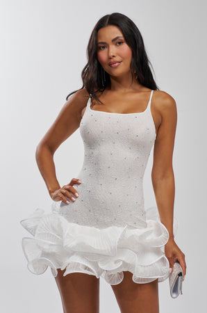 Women's Akira Late Night Energy White Rhinestone Mini Dress With Ruffle Hem
