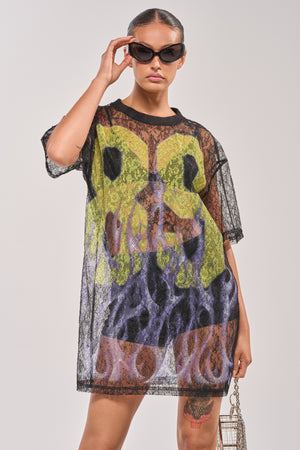 Women's Akira All The Rage Black, Yellow, And Purple Lace Jersey Mini Dress