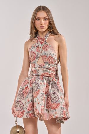 Women's Akira Pink And Gold Floral Bubble Mini Dress In Brocade