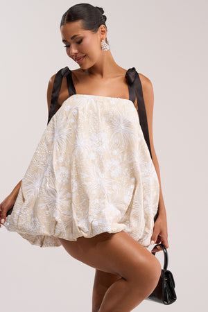 Women's Akira Wild At Heart Tan And White Floral Mini Shift Dress In Linen