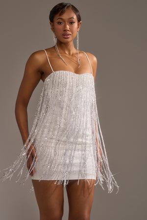 Women's Akira White Fringe Mini Dress With Sleeveless Sheath Silhouette