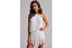 Women's Akira White Lace Halter Romper With Floral Detail