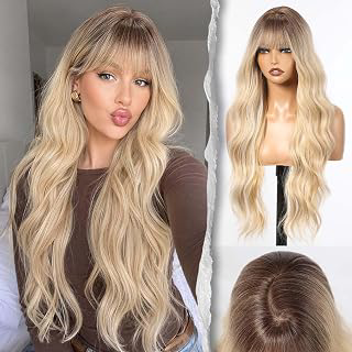 Rooted Honey Cream Blonde Ombré Wig With Bangs 28'' Long Wavy PuffPro Voluminous High Crown Wigs for Women,3x4''Parting Realistic Scalp,Mob Wife: Ombre Dyeing and Production Notes