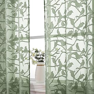 OVZME Sage Green Sheer Curtains 63 Inch Length 2 Panel Set, Light Filtering Bedroom Curtains with Dual Rod Pocket Top, Leaf Bird Clip Jacquard: Print Design and Production Notes