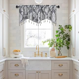NAPEARL Scalloped Gray Valance Curtains Swag Kitchen Window Curtains Over Sink Valance for Living Room Window, Rod Pocket Tier with Sliver Beads: Jacquard Weave and Production Notes
