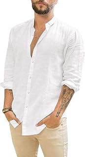 Mens Summer Casual Long Sleeve Cotton Linen Shirts Button Up Solid Plain Roll-Up Sleeve Beach Shirts: OEM Production and Sizing Notes