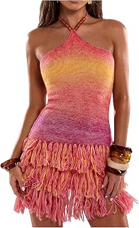 Women's Fringe Halter Mini Dress Beaded Crochet Going Out Sundress: Ombre Dyeing and Production Notes