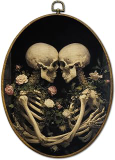 QZQE Vintage Romantic Couple Skeleton Oval Wall Art Decor Framed, Dark Academia Floral Skull Oval Canvas Prints, Gothic Skeleton Wall Hanging: Print Design and Production Notes