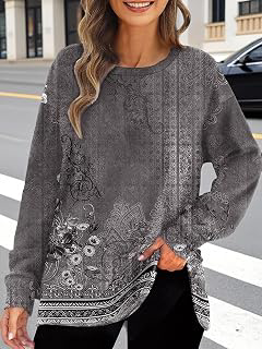 Women's Vintage Floral Split Hem Sweatshirt Tunic, Crew Neck LongSleeve Top: Print Design and Production Notes