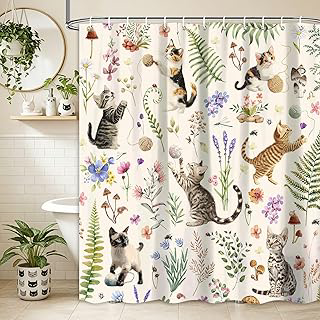 Cat Shower Curtain, Boho Watercolor Floral Plant Shower Curtains for Bathroom, Cute Funny Animal Wildflowers Print Waterproof Polyester Fabric: Print Design and Production Notes