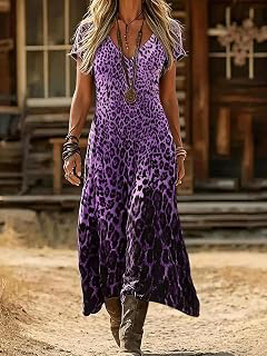 Women's Boho Flowy Maxi Dress, V Neck Short Sleeve Leopard Casual Dress: Ombre Dyeing and Production Notes