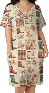 Casual Summer Dresses for Women 2026 - Cowboy Boots Floral Plaid Print V-Neck Tshirt Loose Dress with Pockets: OEM Production and Sizing Notes