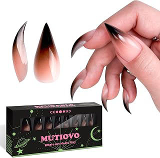Halloween Reusable Press on Nails Cat Claw Short Curved Stiletto -Black Ombre Pink Shade 3D Fake Nails with Built-in Apex, 16 Sizes, Jelly: Ombre Dyeing and Production Notes