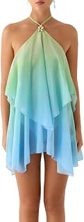 Women Tie Dye Halter Chiffon Dress Sleeveless Irregular Layered Flowy Mini Dress Y2k Summer Beach Gradient Sundress: Ombre Dyeing and Production Notes