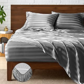 BEDELITE Satin Sheets Queen Size Bed Set, Dark Grey Striped, 4 Pieces: Jacquard Weave and Production Notes