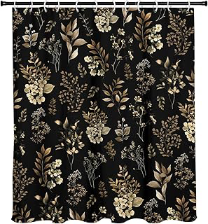 Vintage Floral Shower Curtain, Black Gold, 12 Hooks, 60