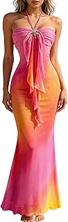 Women's Ombre Sunset Halter Starfish Boho Beach Maxi Dresses: Ombre Dyeing and Production Notes