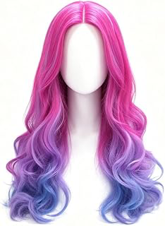 KOLIGHT 27 Inch Ombre Pink Purple Blue Wig, Long Wavy Synthetic Wig with Bangs, Heat Resistant Curly Wig, Includes Wig Cap & Comb for Cosplay: Ombre Dyeing and Production Notes