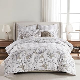 Levtex Home Pisa Reversible King Duvet Cover Set (106x94in) with 2 Pillowcases (36x20in) - Floral Peacock - Grey, Taupe - Cotton King Size Duvet: Jacquard Weave and Production Notes