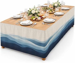 9Ft Table Skirt, Blue Beige Ombre Table Skirt for Rectangle Tables & Round Tables, Decorative Desk Skirts, Minimalist Ocean Waves Linen Party: Ombre Dyeing and Production Notes