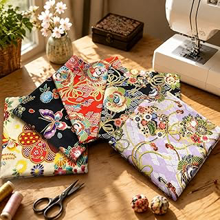 5 Pcs Japanese Crane & Floral Print Cotton Fabric Squares, 14