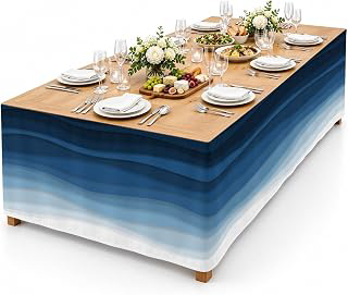 9Ft Table Skirt, Navy Blue Ombre Table Skirt for Rectangle Tables & Round Tables, Decorative Desk Skirts, Modern Moire Wave Gradient Party: Ombre Dyeing and Production Notes