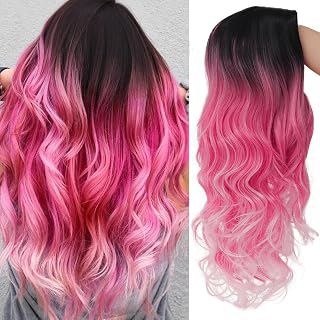 Swiking Women Ombre Pink Long Curly Wig Dark Roots Wave Middle Part Synthetic Wigs for Halloween Cosplay Wig (Ombre Pink): Ombre Dyeing and Production Notes