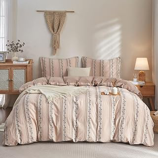 Bailix Floral Striped Duvet Cover Set King Size, 100% Washed Cotton Boho Farmhouse Summer Comforter Cover Set, Soft Breathable Textured Bedding: Jacquard Weave and Production Notes